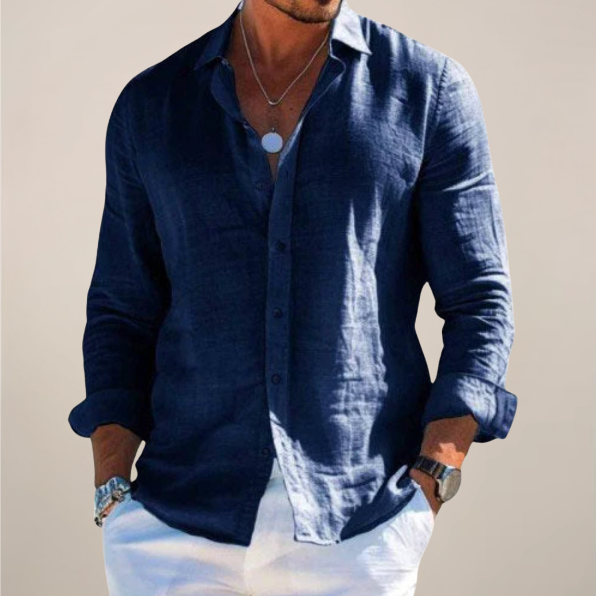 Men's long-sleeve button-front shirt with turn-down collar