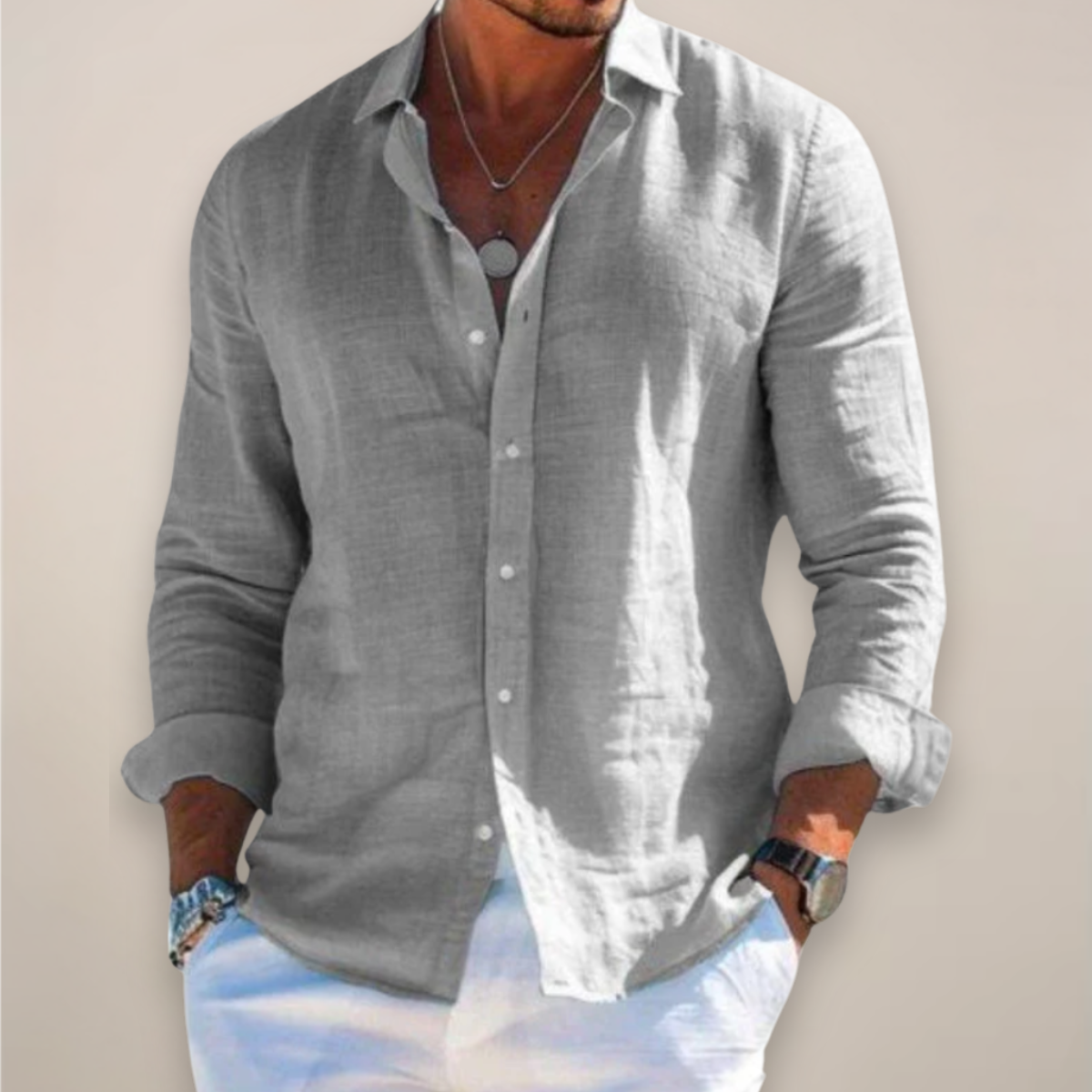 Men's long-sleeve button-front shirt with turn-down collar