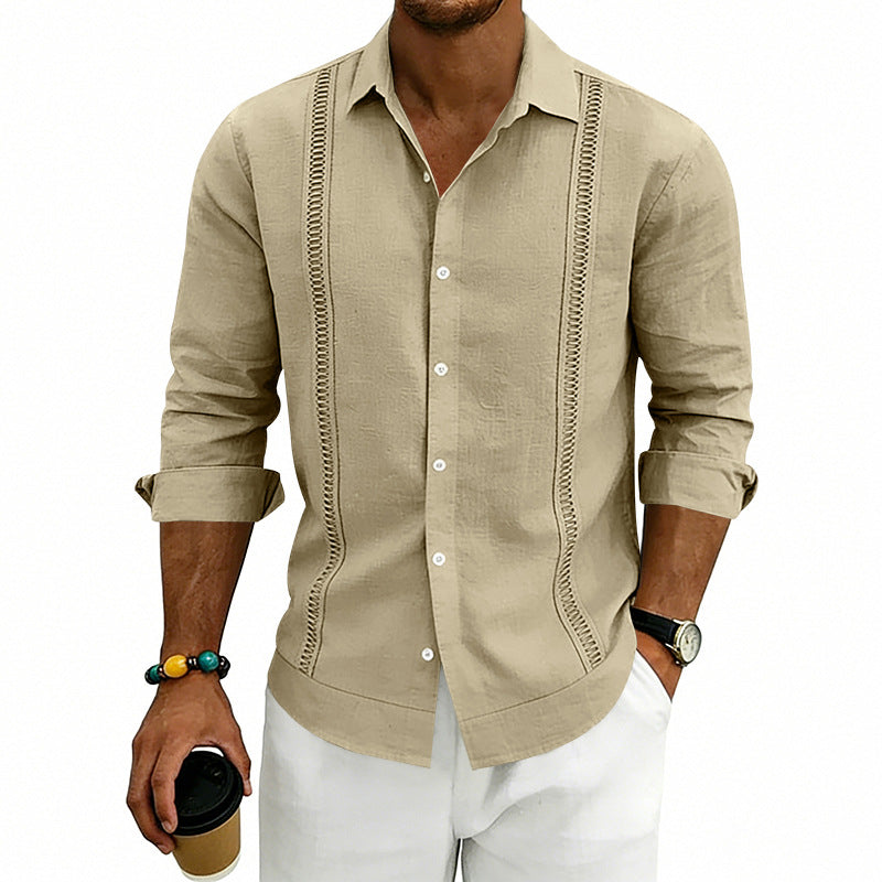 Men's long-sleeve denim shirt with spread collar and stitched panels