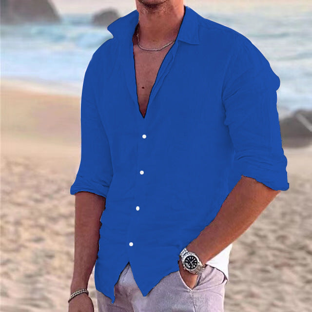 Men's open collar button down shirt with rolled sleeves