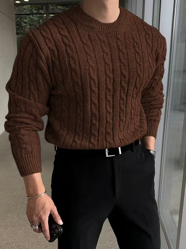 Men's cable knit crew neck sweater with ribbed trim