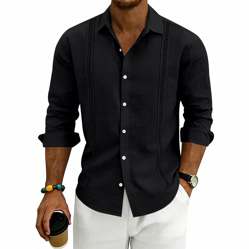 Men's long-sleeve denim shirt with spread collar and stitched panels