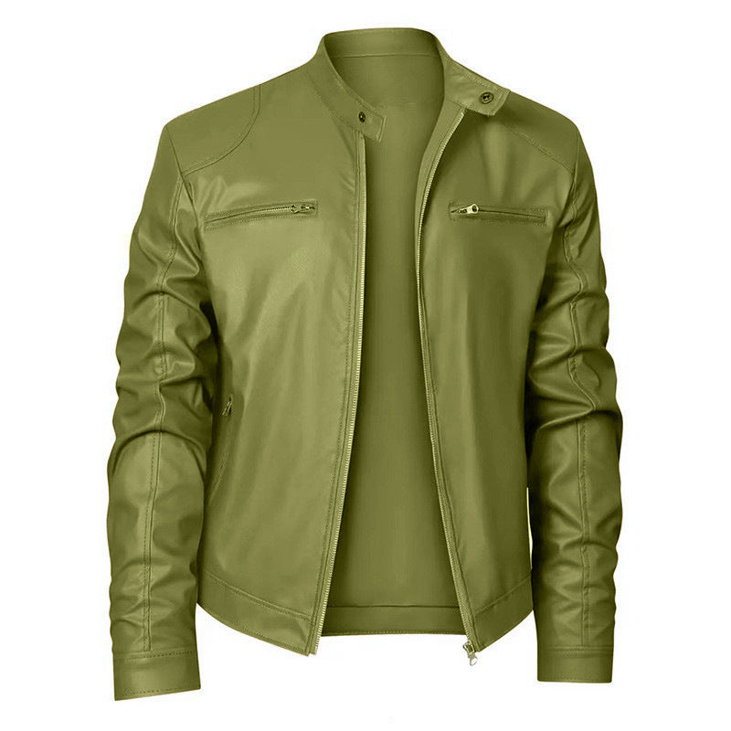 Men's motorcycle jacket with stand collar and zipped pockets