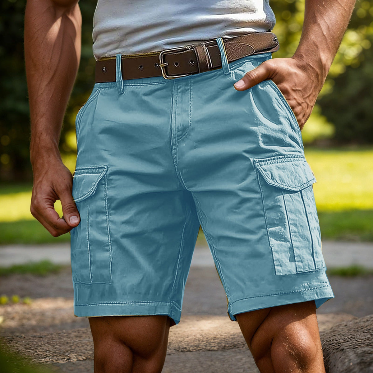 Men's knee-length cargo shorts with side utility pockets