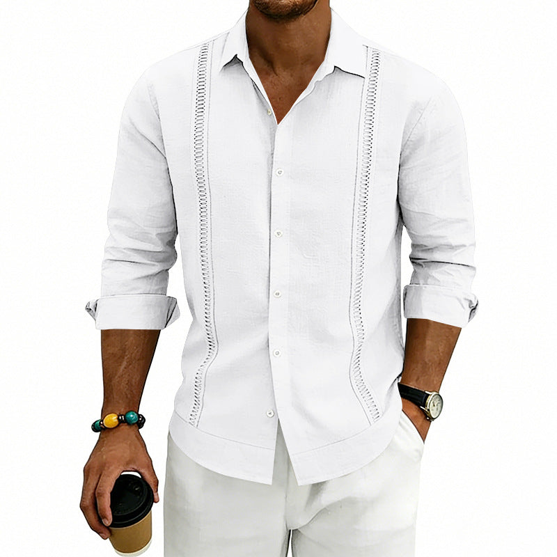 Men's long-sleeve denim shirt with spread collar and stitched panels