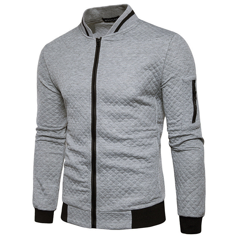 Men's diamond quilted bomber jacket with zip front and sleeve pocket