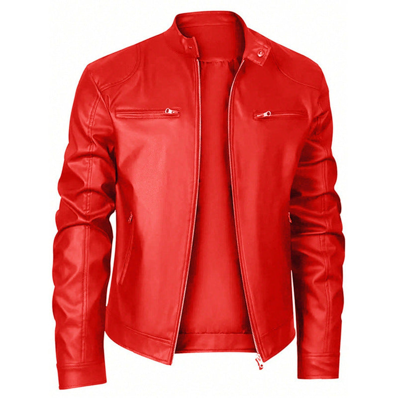 Men's motorcycle jacket with stand collar and zipped pockets