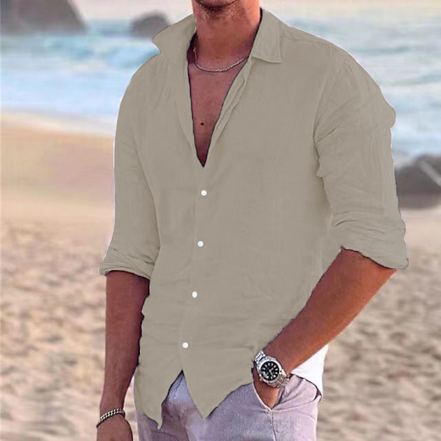 Men's open collar button down shirt with rolled sleeves