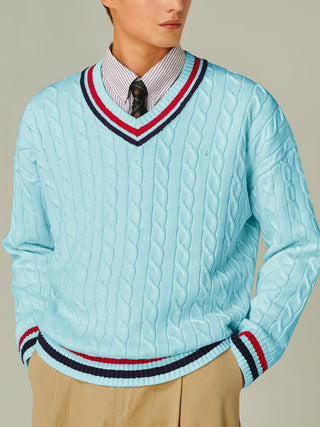 Men's cable knit V-neck sweater with striped trim