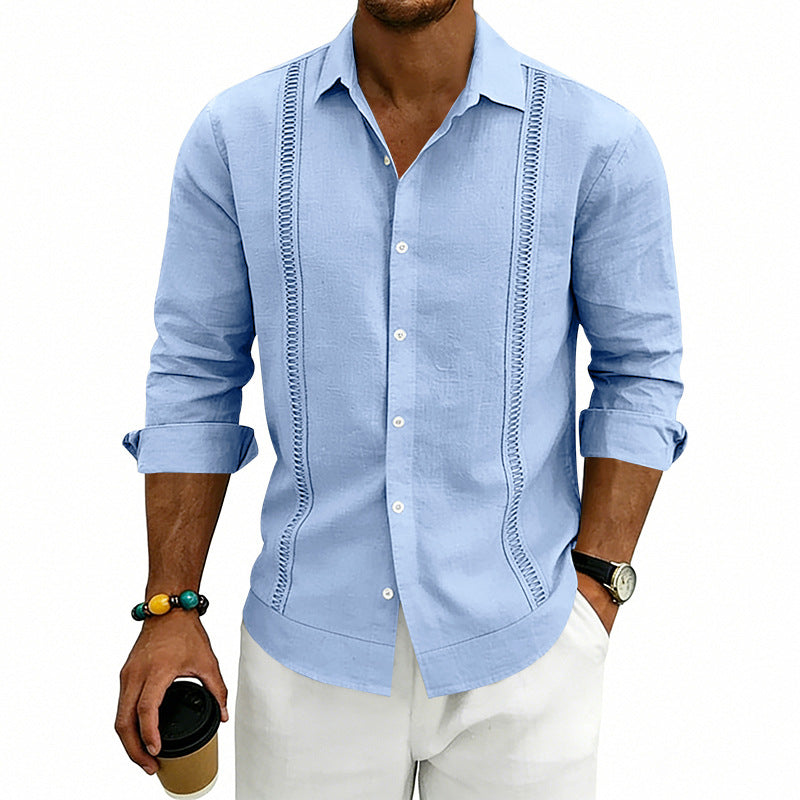 Men's long-sleeve denim shirt with spread collar and stitched panels