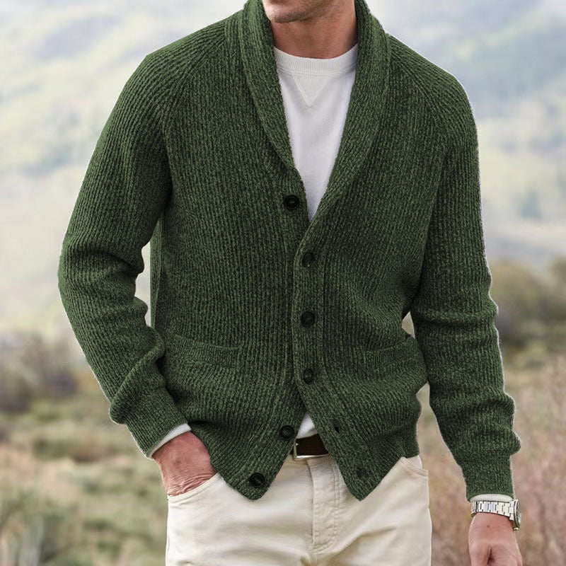 Men's textured knit cardigan with shawl collar and patch pockets