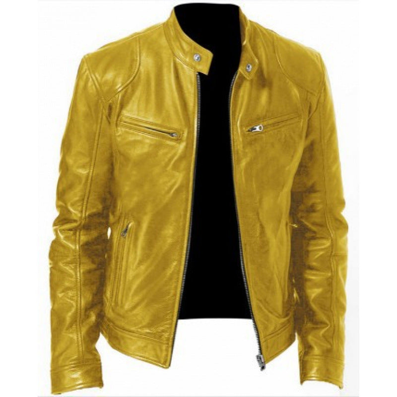 Men's motorcycle jacket with stand collar and zipped pockets