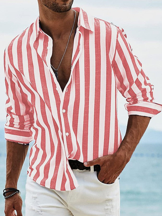 Men's vertical striped button-up shirt with spread collar and rolled sleeves