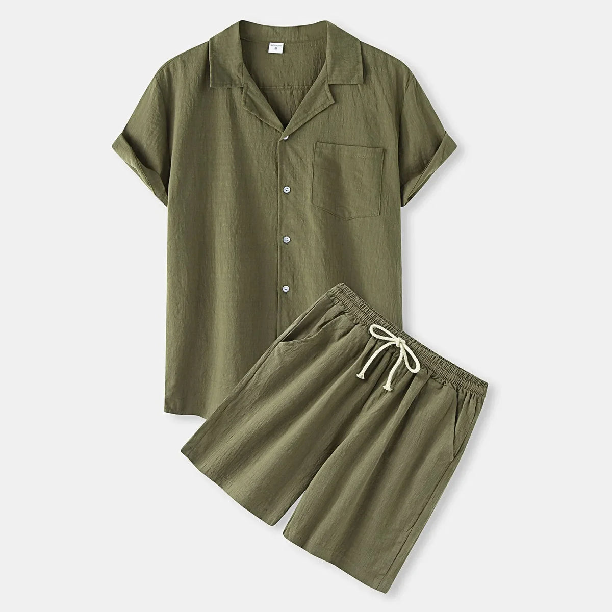 Men's short-sleeve shirt and shorts set with button front and drawstring waist