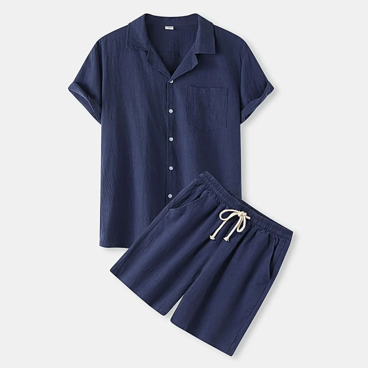 Men's short-sleeve shirt and shorts set with button front and drawstring waist