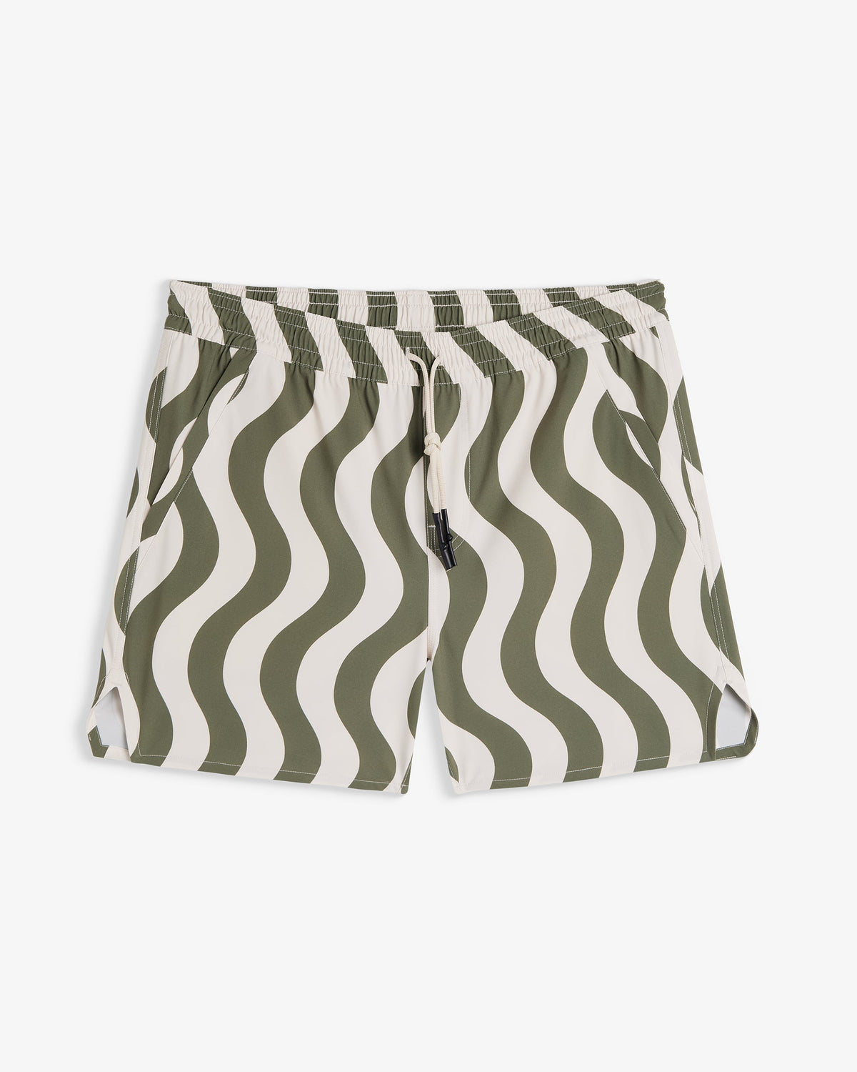 Olive and cream wavy stripe shorts with elastic drawstring waist