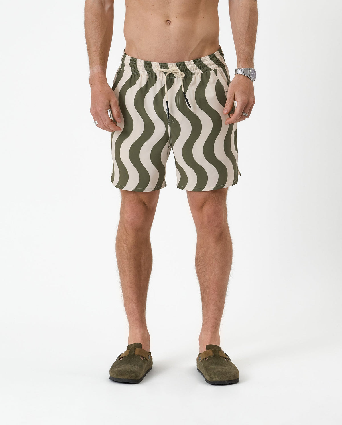 Olive and cream wavy stripe shorts with elastic drawstring waist
