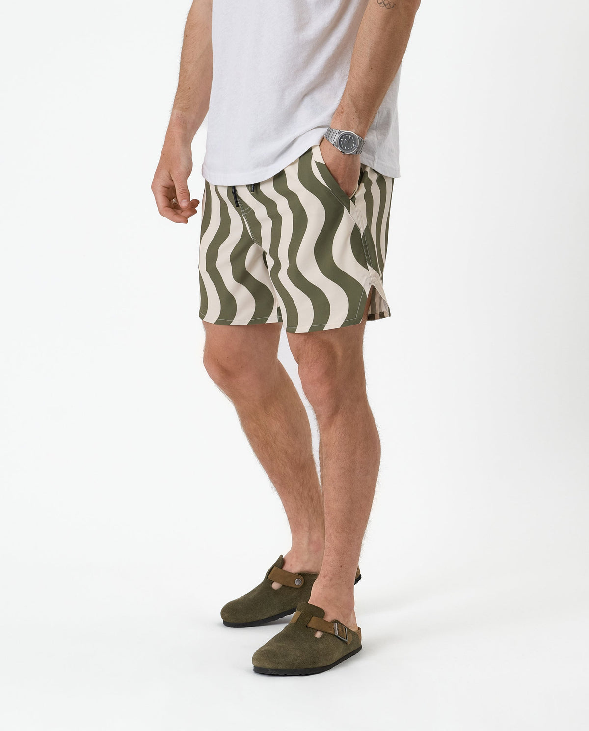 Olive and cream wavy stripe shorts with elastic drawstring waist