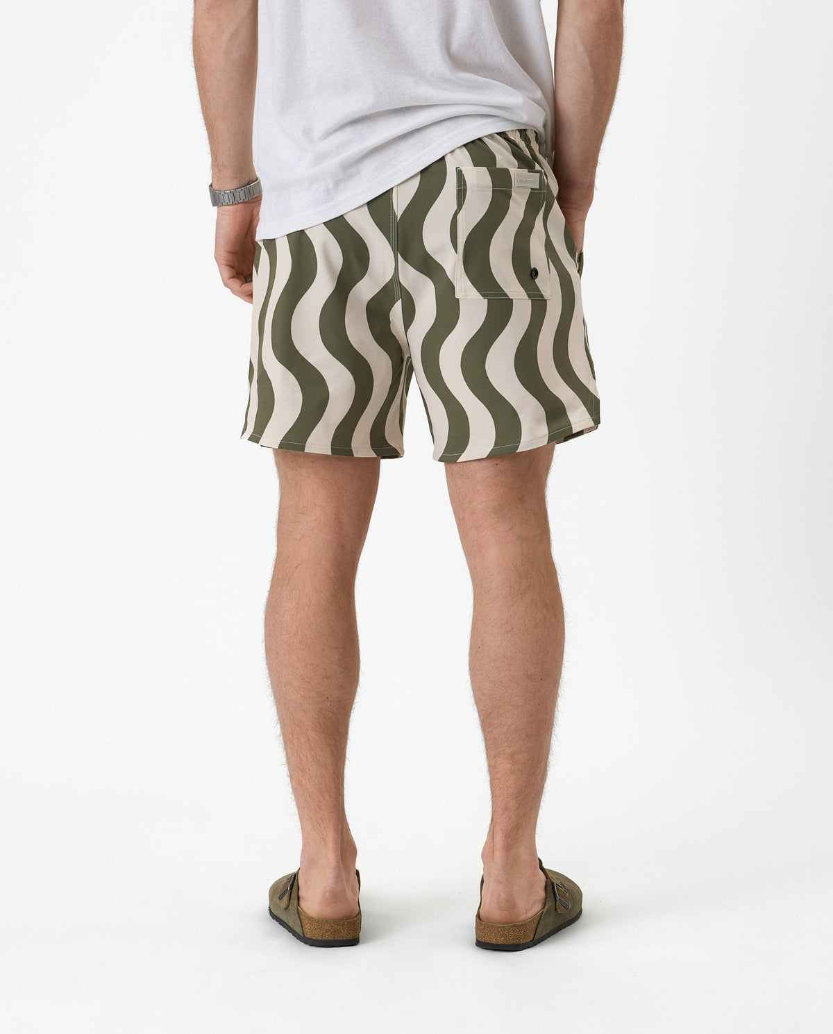 Olive and cream wavy stripe shorts with elastic drawstring waist