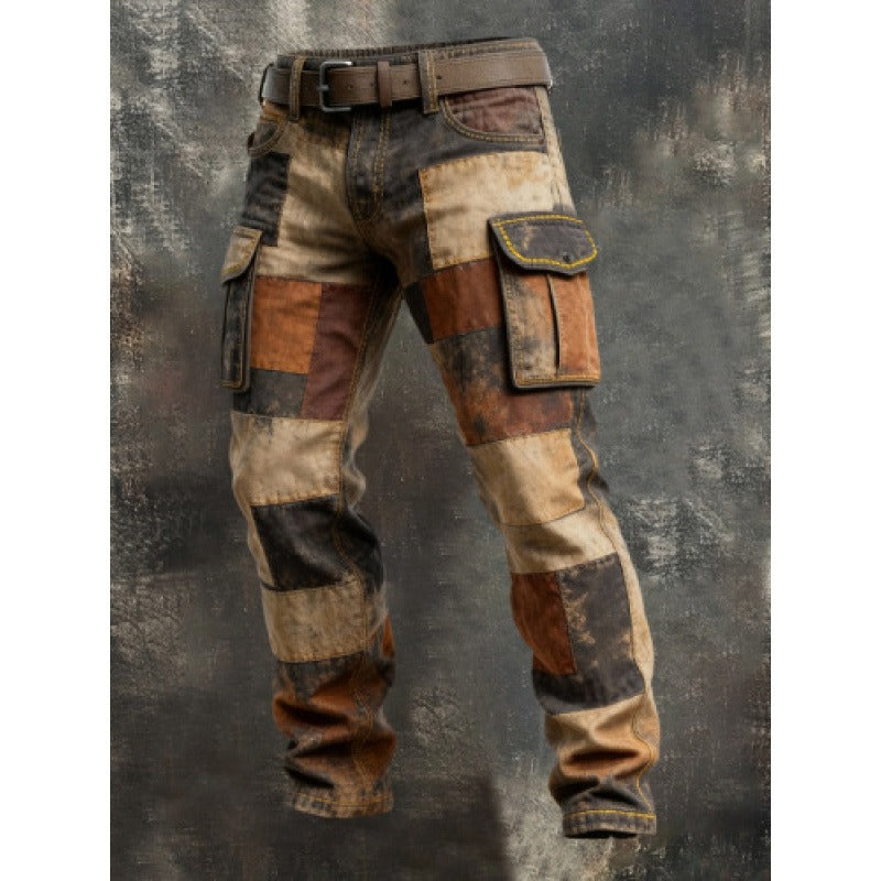 Men's multicoloured patchwork cargo trousers with utility pockets