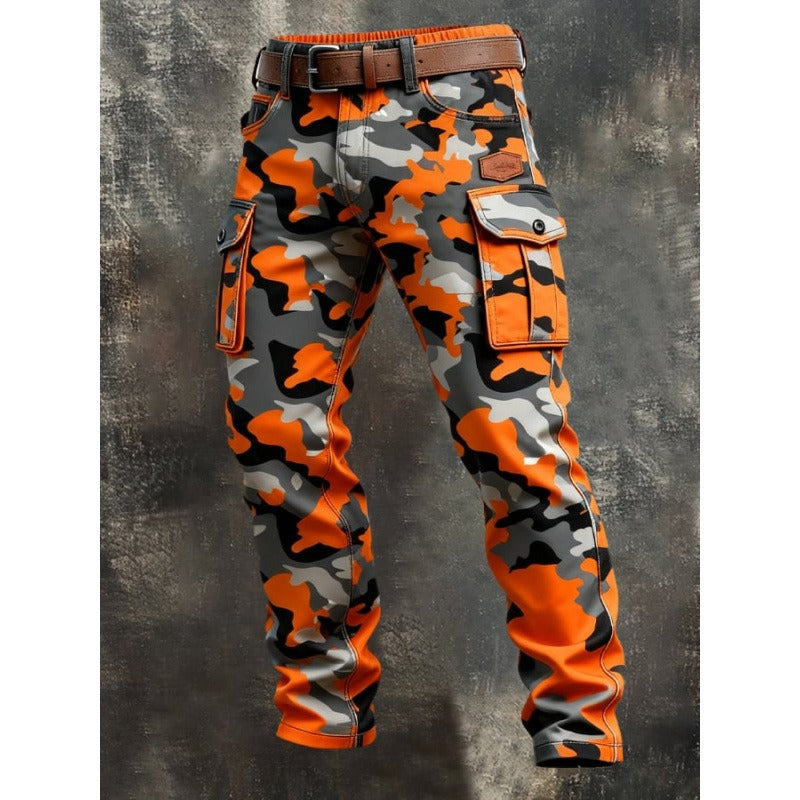 Men's patchwork camouflage cargo trousers with multiple pockets