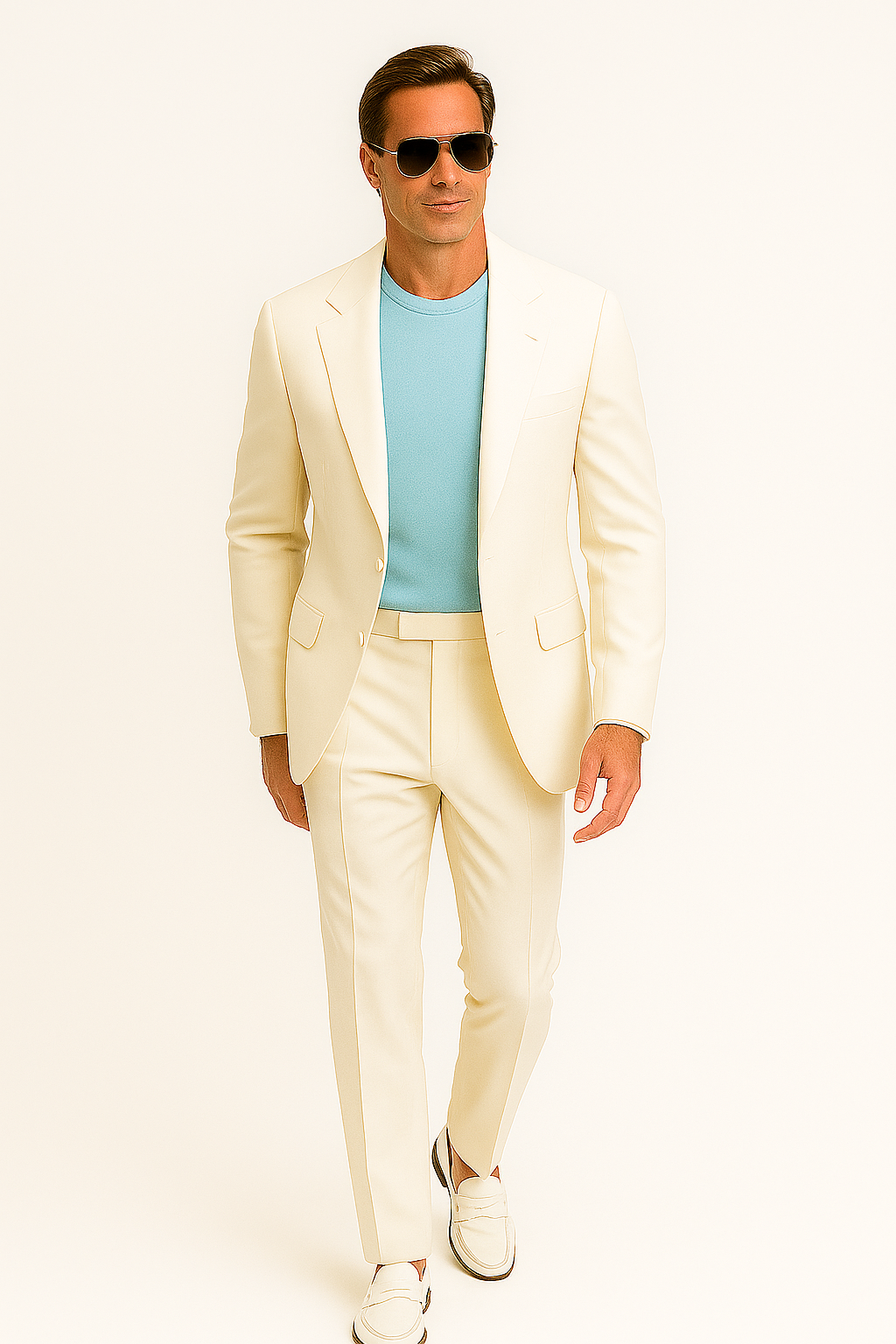 Men's white two-piece suit with notched lapel blazer and trousers