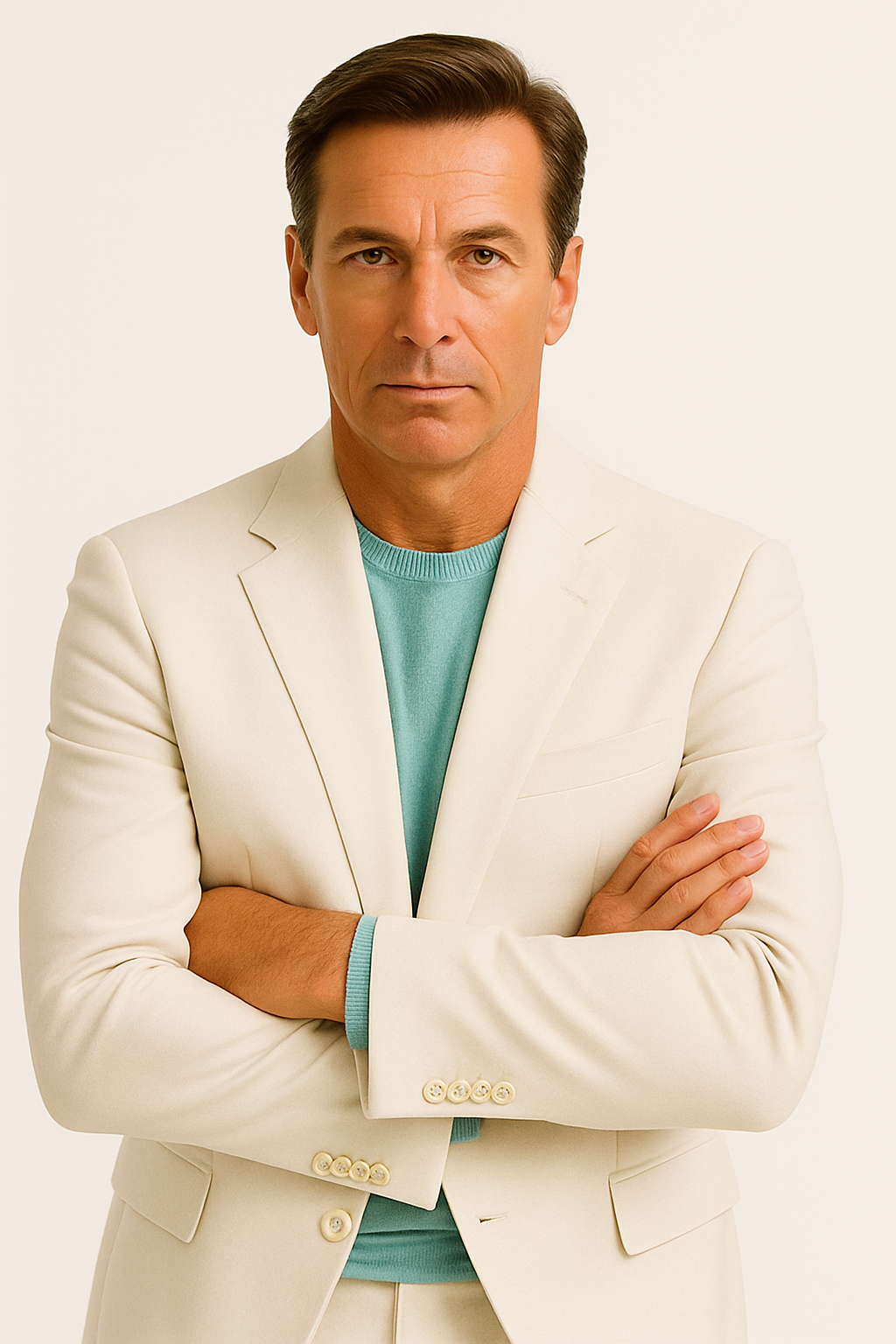 Men's white two-piece suit with notched lapel blazer and trousers