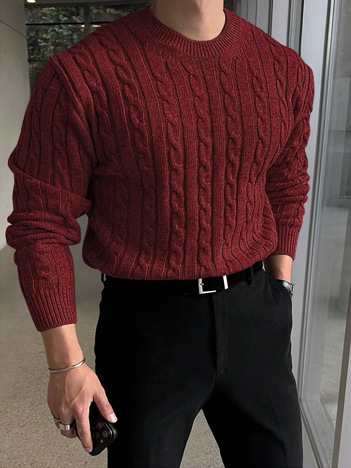 Men's cable knit crew neck sweater with ribbed trim