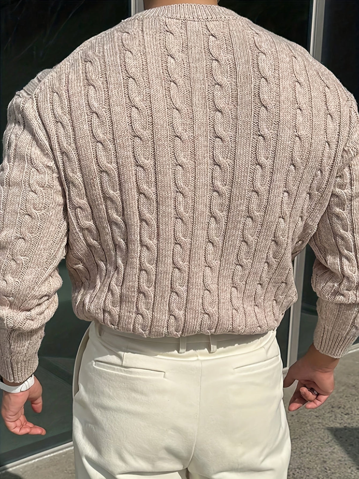 Men's cable knit crew neck sweater with ribbed trim