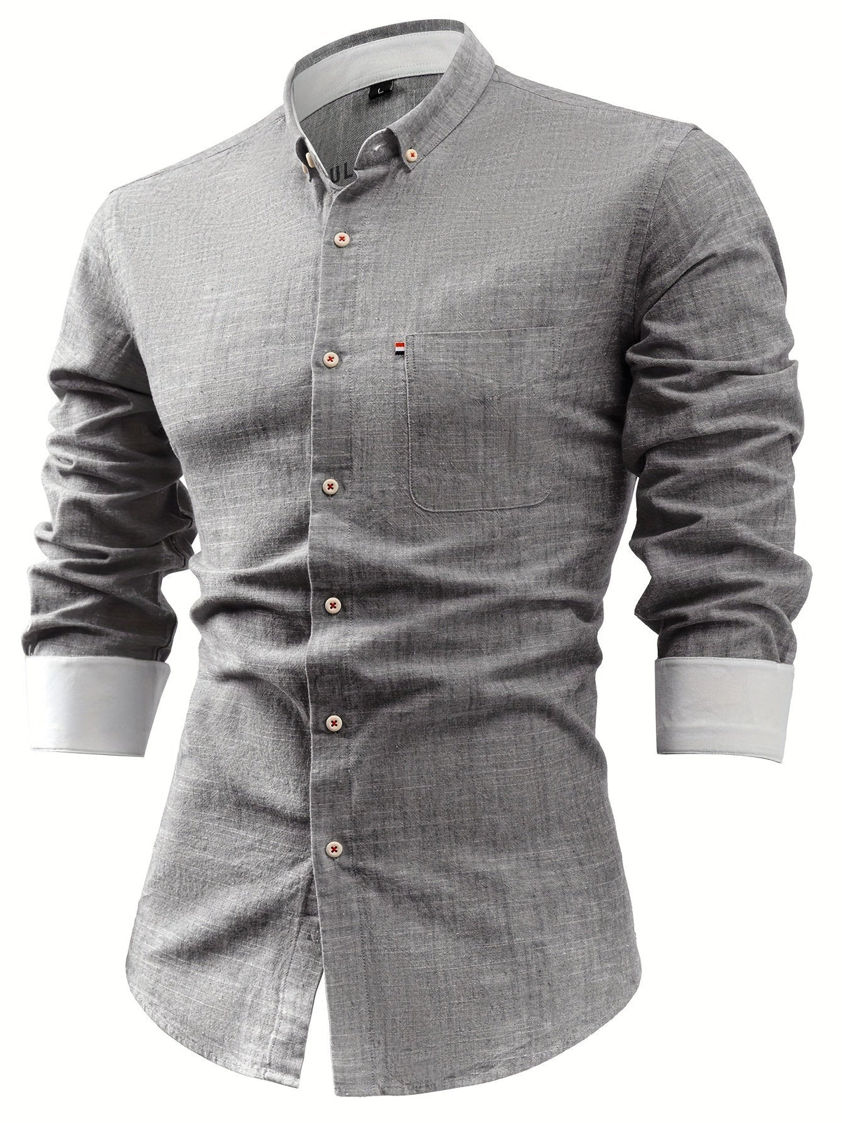 Men's long-sleeve pocket shirt with button-down collar and curved hem