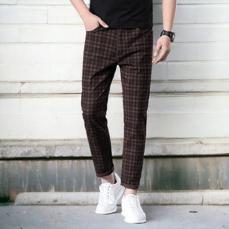 Men's checked tapered trousers with cropped hems