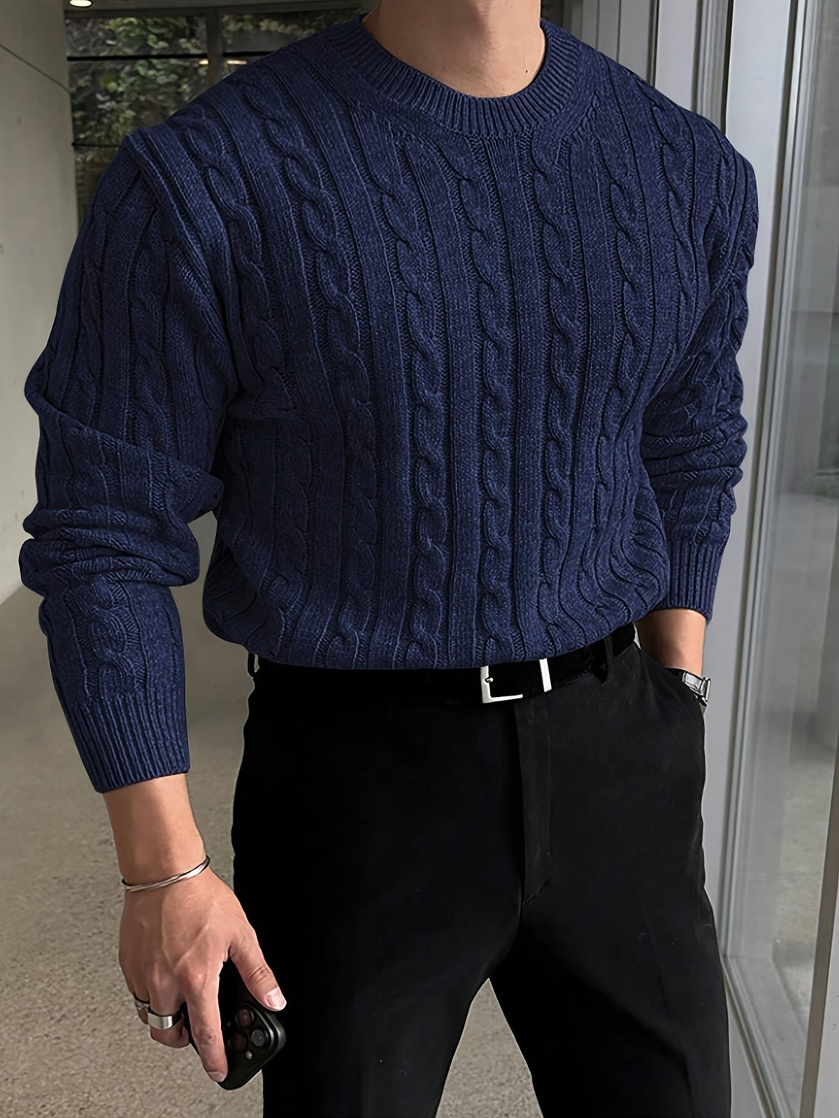 Men's cable knit crew neck sweater with ribbed trim