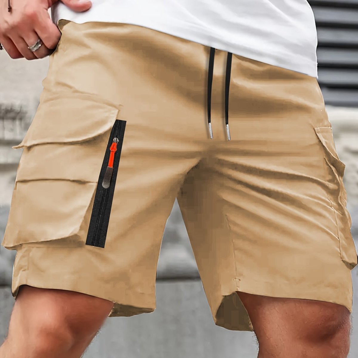 Men's cargo shorts with drawstring waist and multiple utility pockets