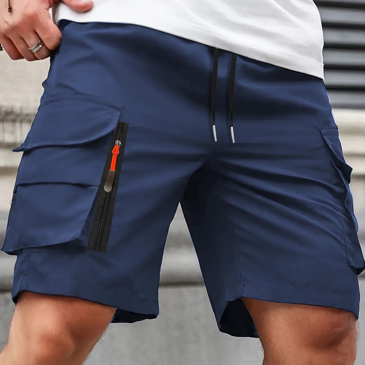 Men's cargo shorts with drawstring waist and multiple utility pockets