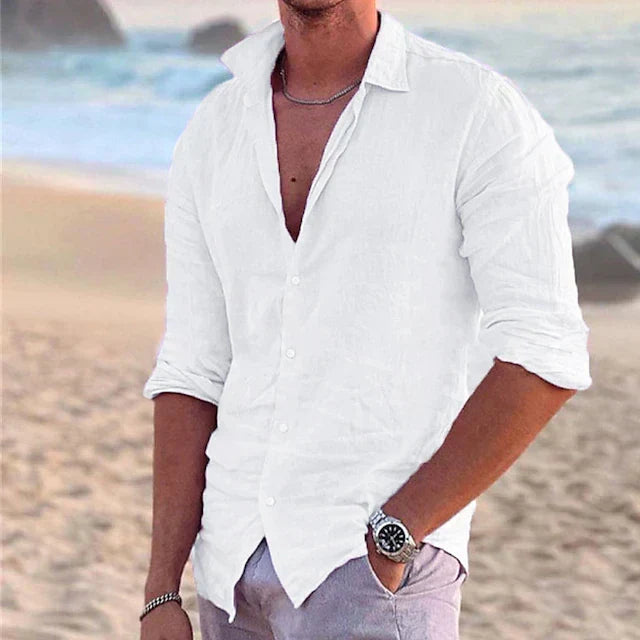 Men's open collar button down shirt with rolled sleeves