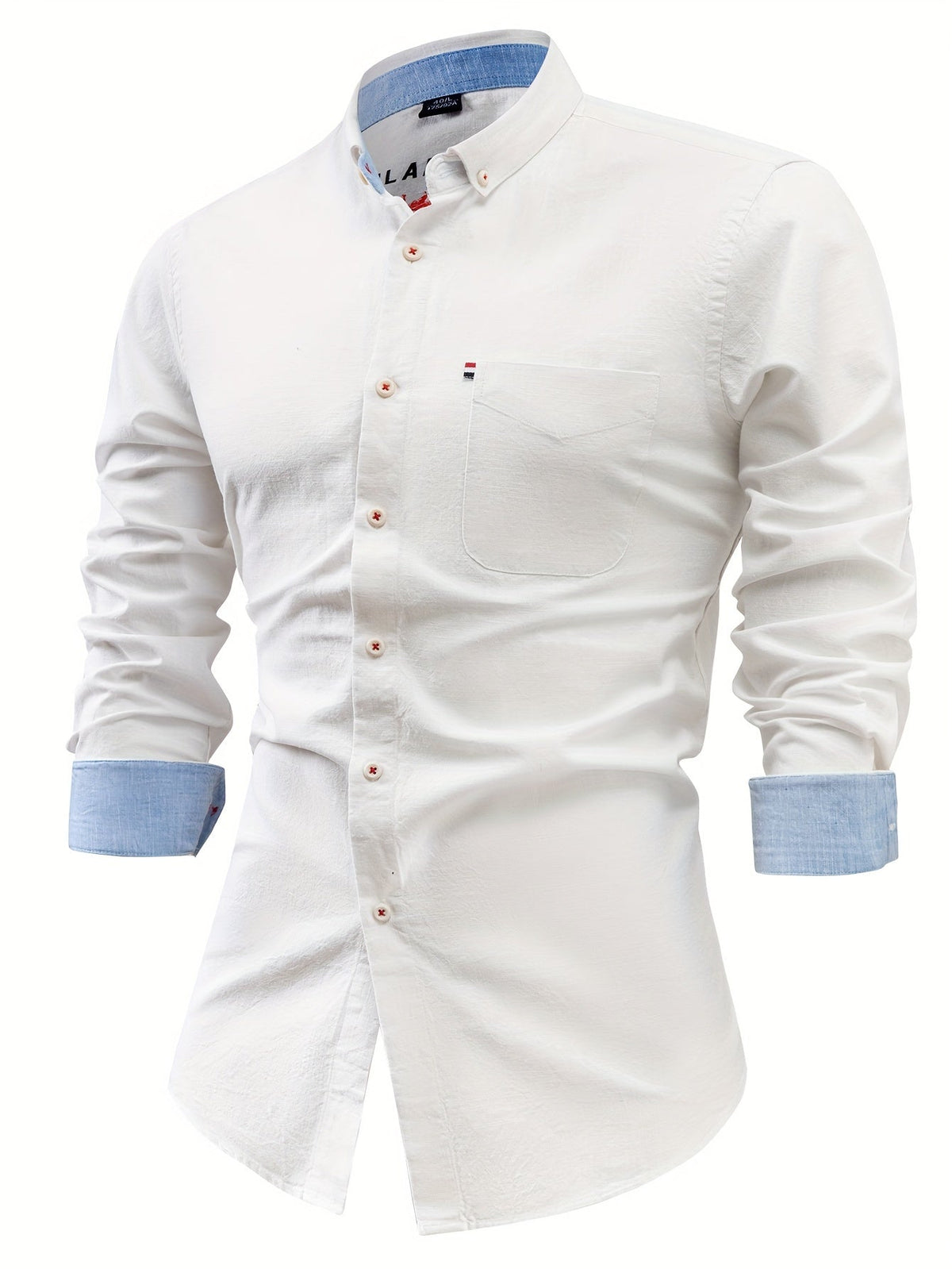 Men's long-sleeve pocket shirt with button-down collar and curved hem