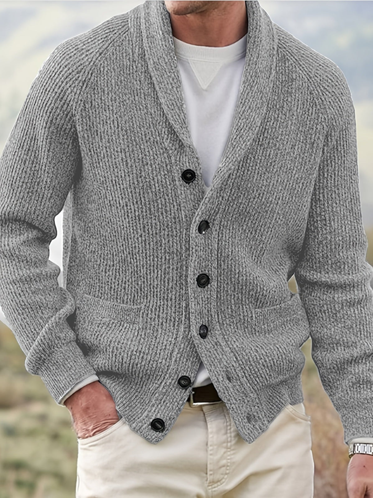 Men's textured knit cardigan with shawl collar and patch pockets