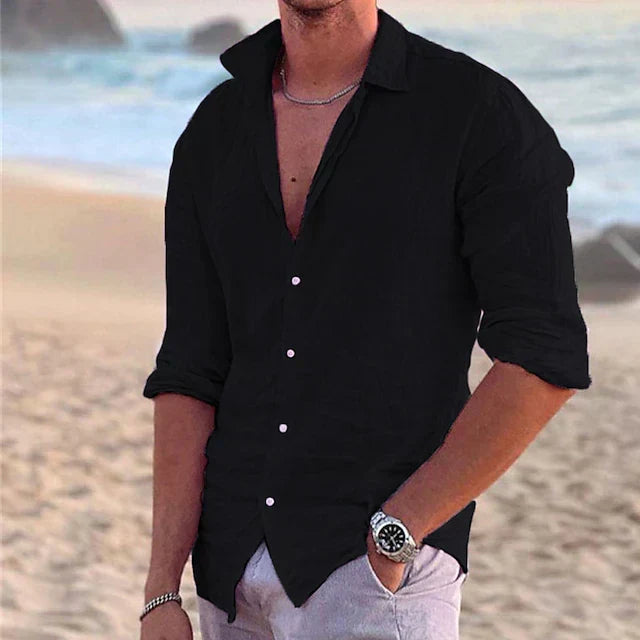Men's open collar button down shirt with rolled sleeves