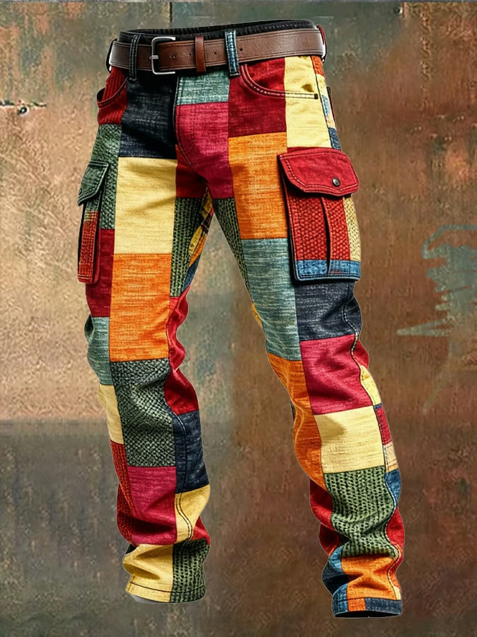 Men's multicoloured patchwork cargo trousers with utility pockets