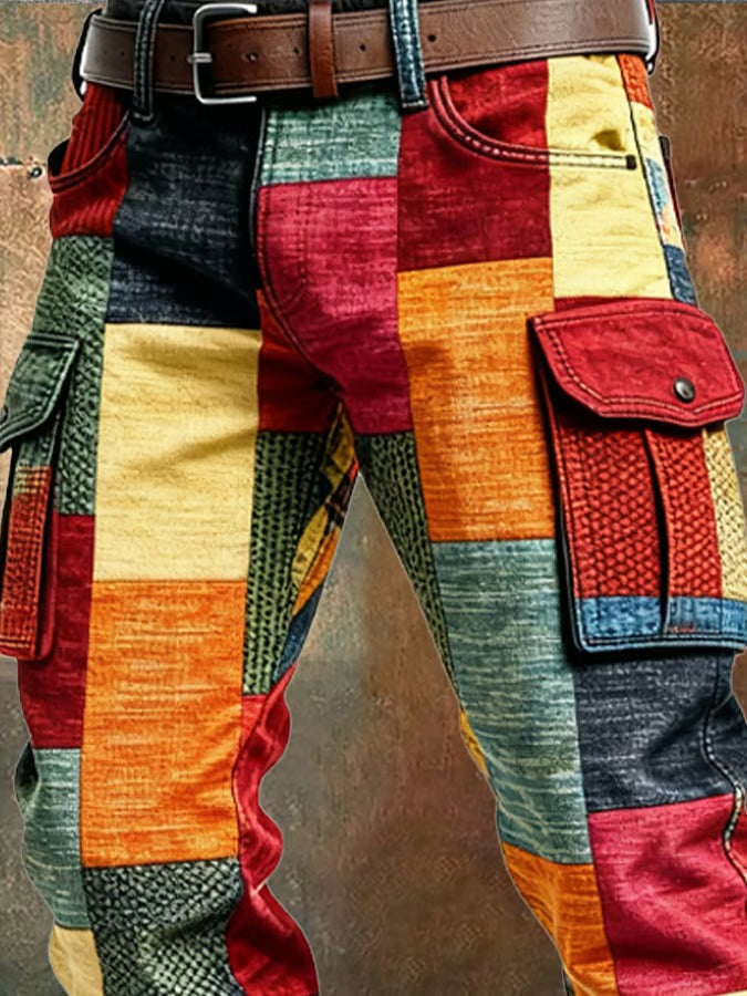 Men's multicoloured patchwork cargo trousers with utility pockets