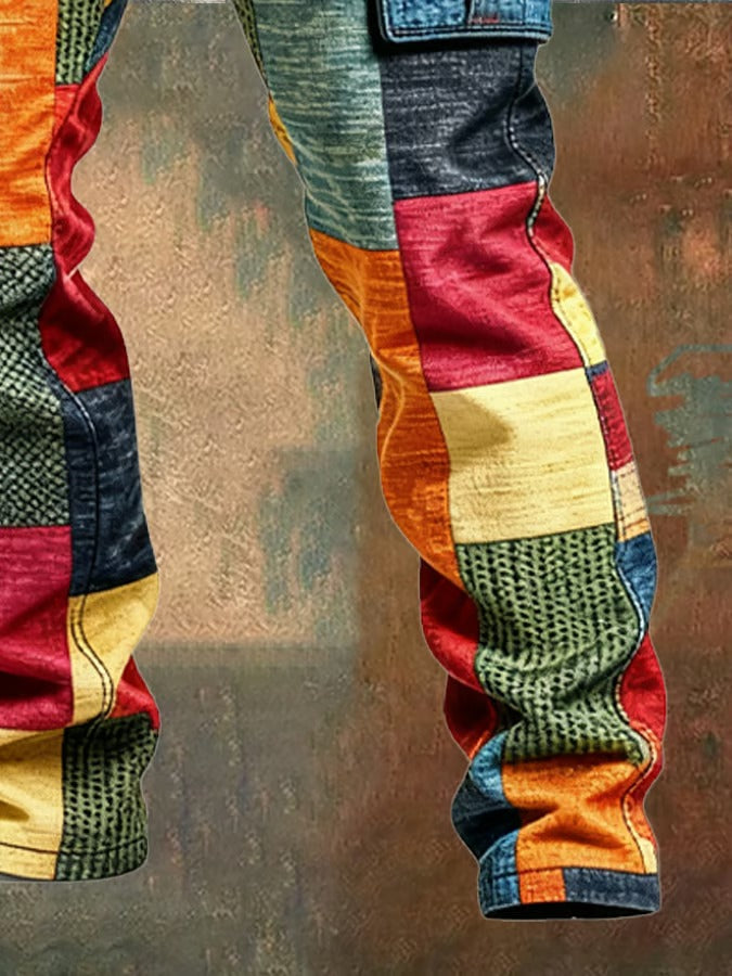 Men's multicoloured patchwork cargo trousers with utility pockets