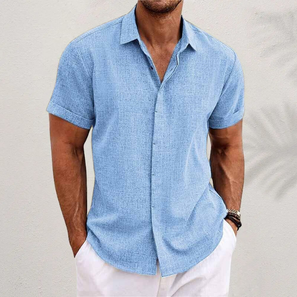 Men's short-sleeve shirt with spread collar and button front