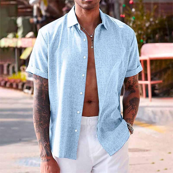 Men's short-sleeve shirt with spread collar and button front