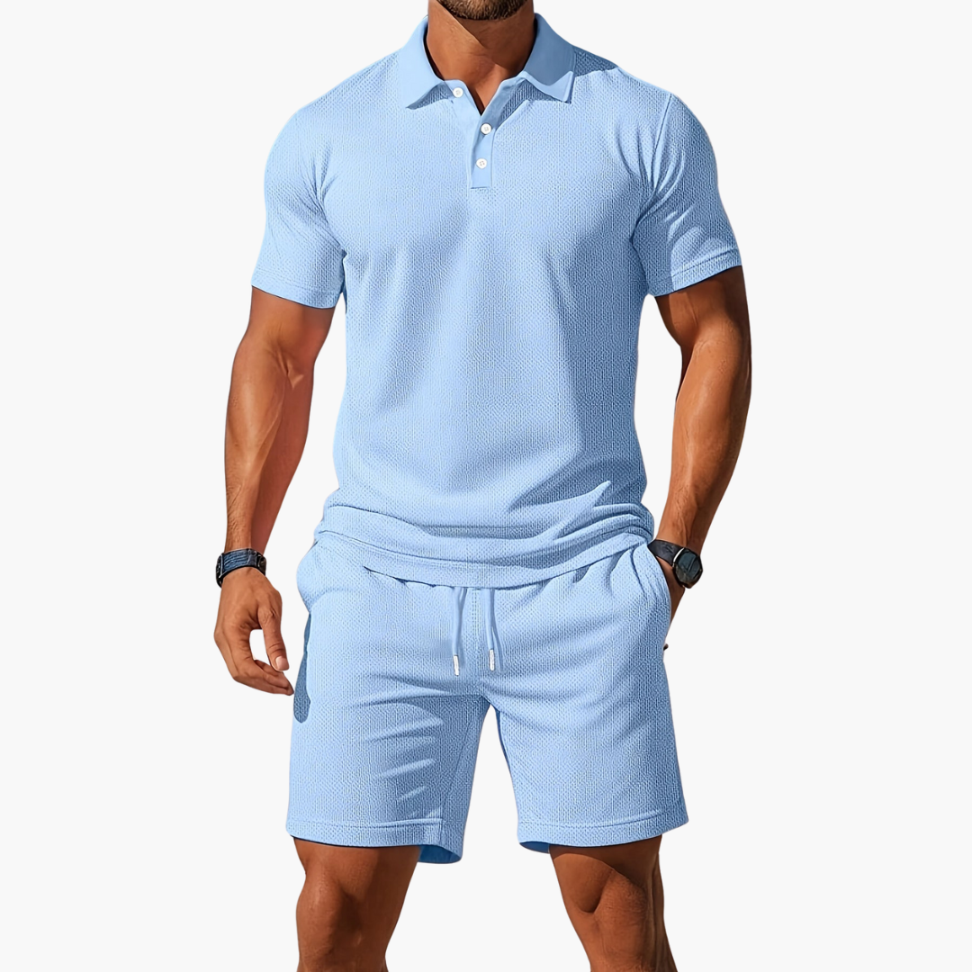 Men's short-sleeve polo and above-knee shorts set