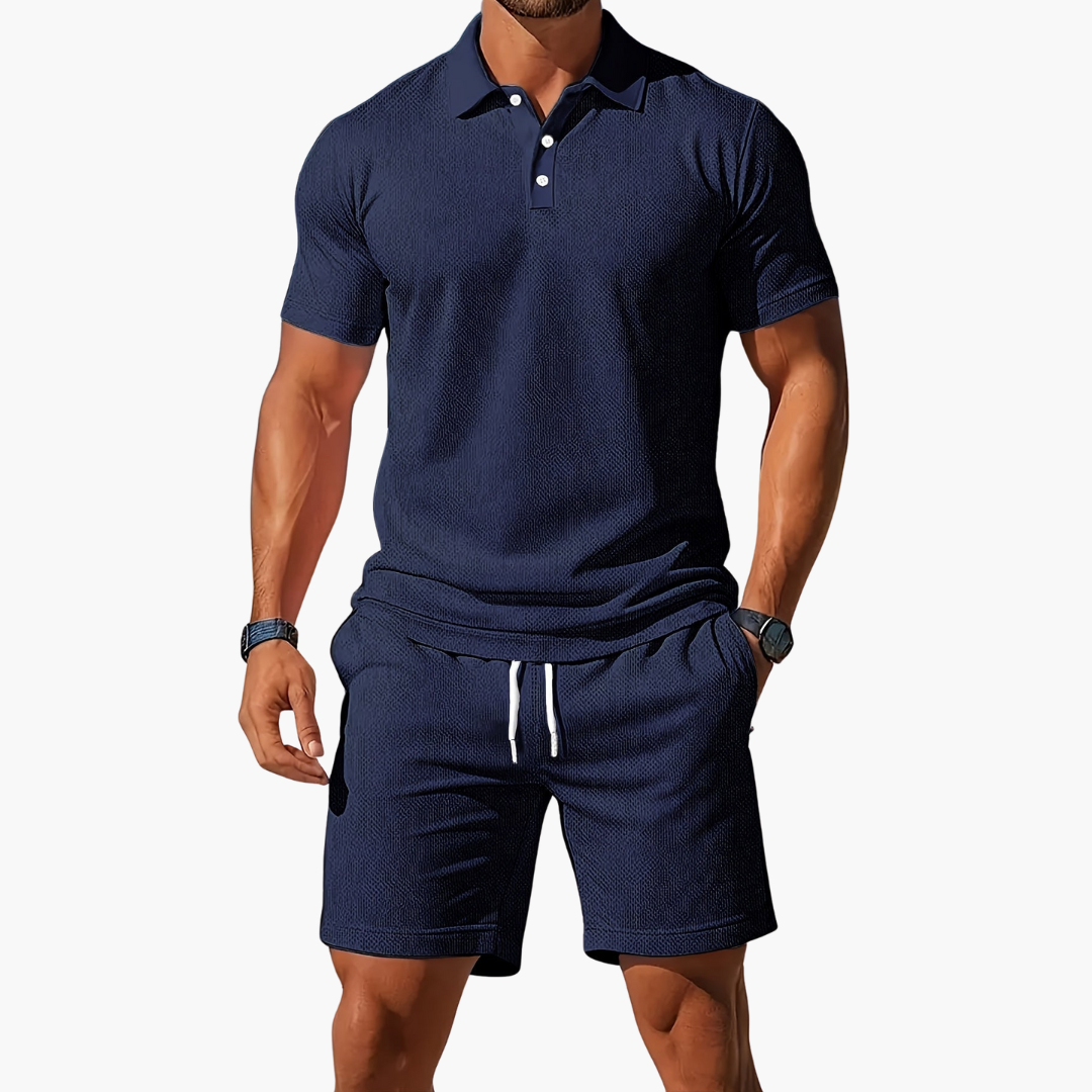 Men's short-sleeve polo and above-knee shorts set