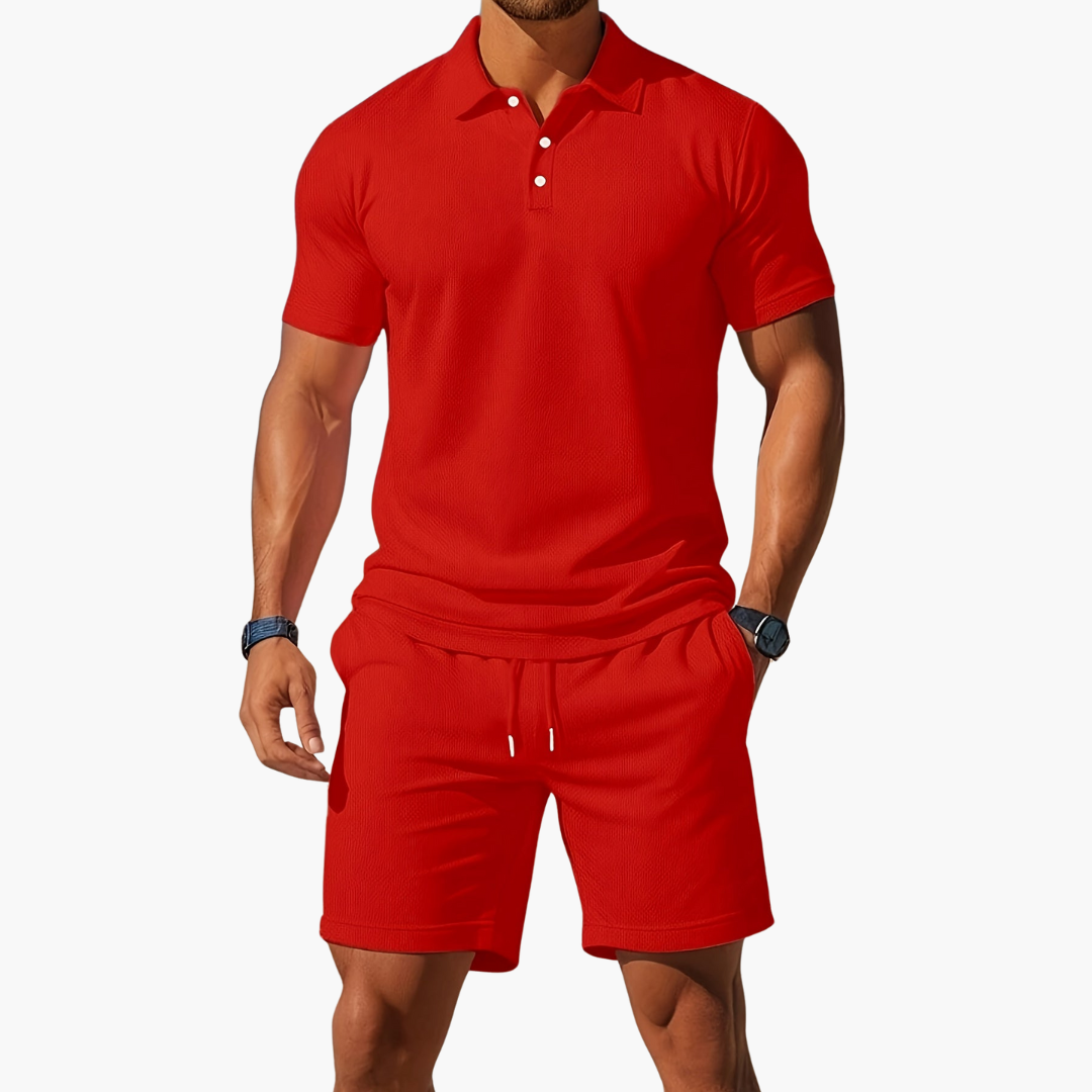 Men's short-sleeve polo and above-knee shorts set