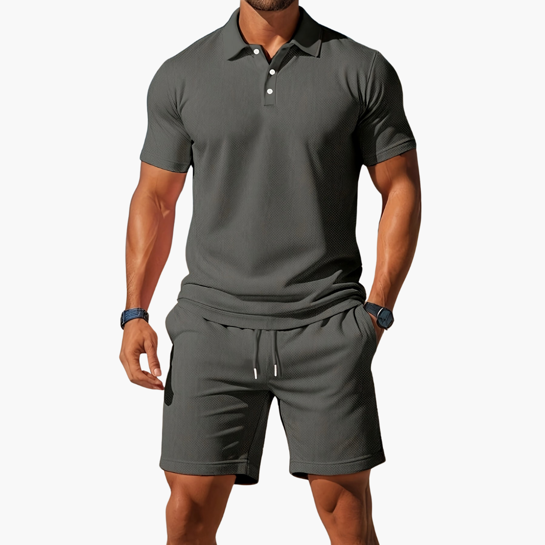 Men's short-sleeve polo and above-knee shorts set