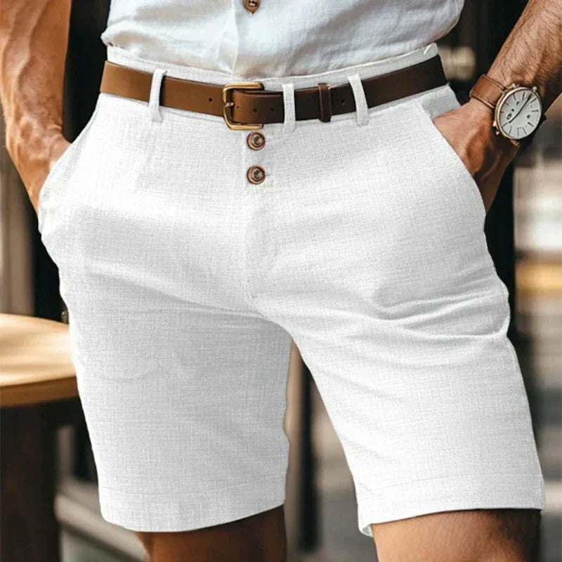 Men's mid-length chino shorts with button front and belt loops