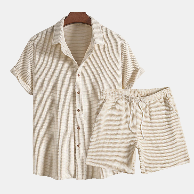 Waffle knit short-sleeve shirt and shorts set