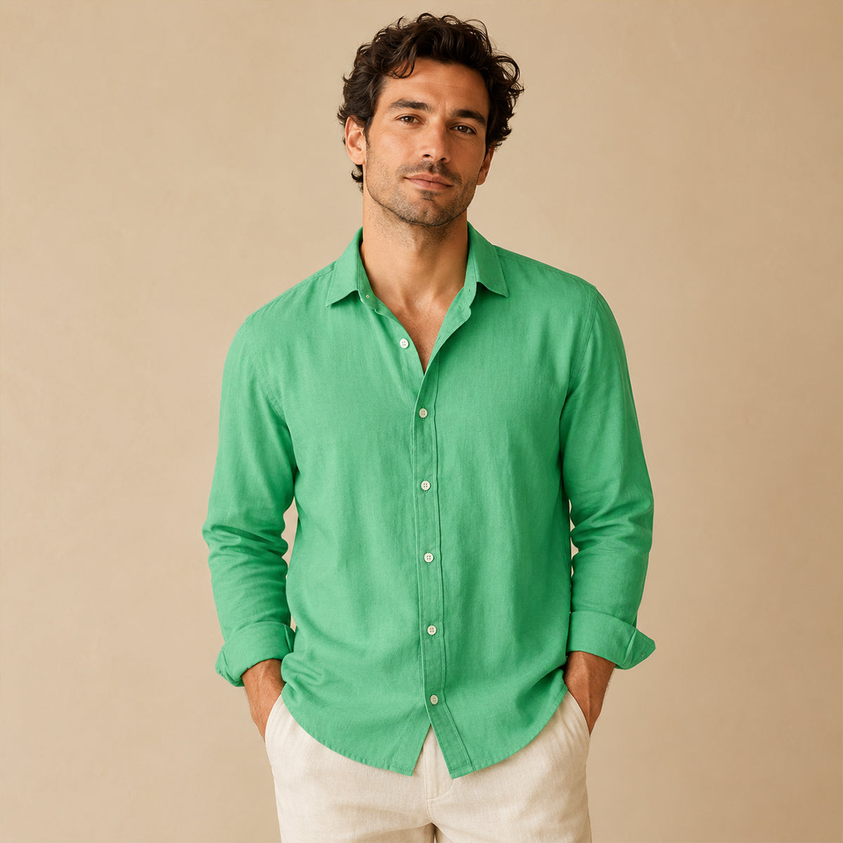 Men's plain long sleeve button down shirt with pointed collar
